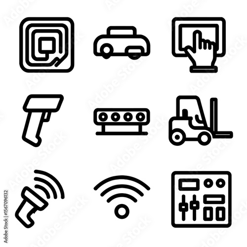 Warehouse Icons Grid. Solid, filled icon set of warehouse technology and automation: RFID tag, warehouse robot, touchscreen