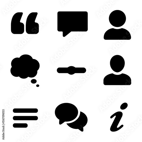 Literary Dialogue Icons. Solid, filled icons set of literary dialogue elements: quotation mark, speech tag,