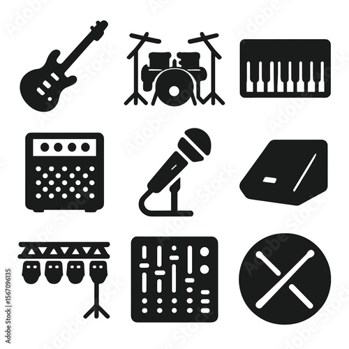 Live Band Icons. Solid, filled icons set of live band performance essentials: electric guitar, drum set,
