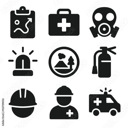 Volcanic Safety Icons. Solid, filled icon set of volcanic safety measures: evacuation plan, emergency kit, gas mask, warning siren