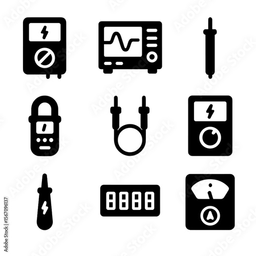 Voltage Tools Icon Set. Solid, filled icon set of voltage measurement tools: multimeter, oscilloscope, probe, clamp meter, test