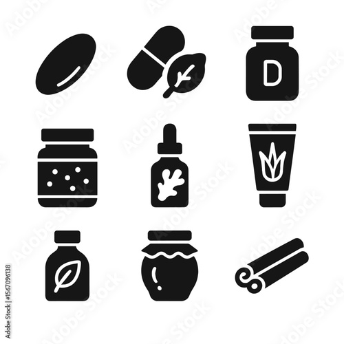 Supplement Icon Set. Solid, filled icon set of supplements and natural remedies: fish oil capsule, turmeric pill, vitamin D bottle