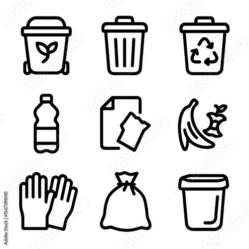 Waste Sorting Icons. Solid, filled icon set of waste sorting: compost bin, trash bin, recycling bin, plastic bottle, paper waste,