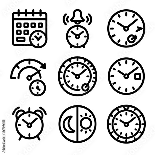 Watch Complications Icons. Solid, filled icon set of watch complications: perpetual calendar, minute repeater, GMT hand, power