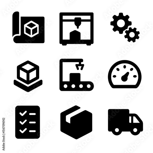 Product Development Icons. Solid, filled icon set of product development: blueprint, 3D printer, gears, prototype, assembly line,