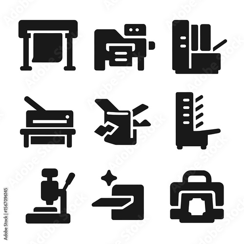 Printing Equipment Icons. Solid, filled icon set of print shop equipment: large format printer, digital printer, offset press,