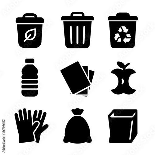 Waste Sorting Icons. Solid, filled icon set of waste sorting: compost bin, trash bin, recycling bin, plastic bottle, paper waste,