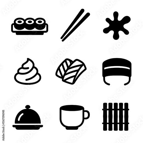 Sushi Dining Icons. Solid, filled icon set of sushi dining: sushi plate, chopsticks, soy sauce splash, wasabi dollop, sashimi