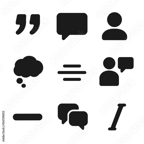 Literary Dialogue Icons. Solid, filled icons set of literary dialogue elements: quotation mark, speech tag,