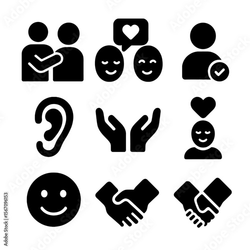 Supportive Conversation Icons. Solid, filled icon set of supportive conversation: hand on shoulder, calm faces, heart in chat