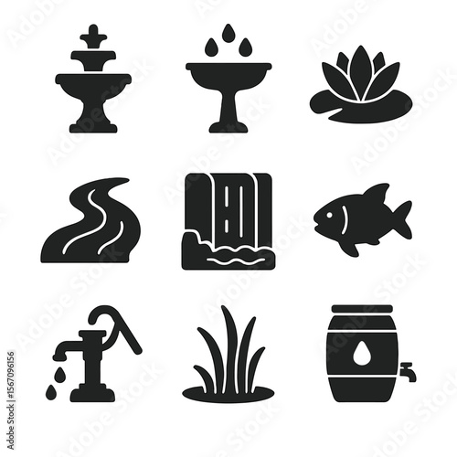 Water Feature Icons. Solid, filled icon set of water features: garden fountain, birdbath, pond lily, water stream, waterfall, koi