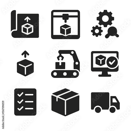 Product Development Icons. Solid, filled icon set of product development: blueprint, 3D printer, gears, prototype, assembly line,