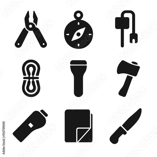 Survival Tools Icons. Solid, filled icon set of survival tools: multitool, compass, firestarter, rope, flashlight, hatchet,