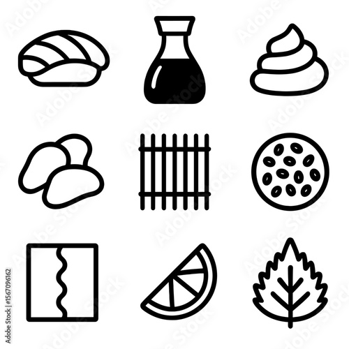 Sushi Ingredients Icons. Solid, filled icon set of sushi and sashimi ingredients: tuna slice, soy sauce bottle, wasabi paste,