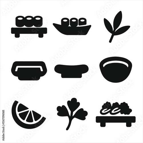 Sushi Icon Set. Solid, filled icon set of sushi presentation: sushi platter, sushi boat, bamboo leaf, dipping sauce dish,