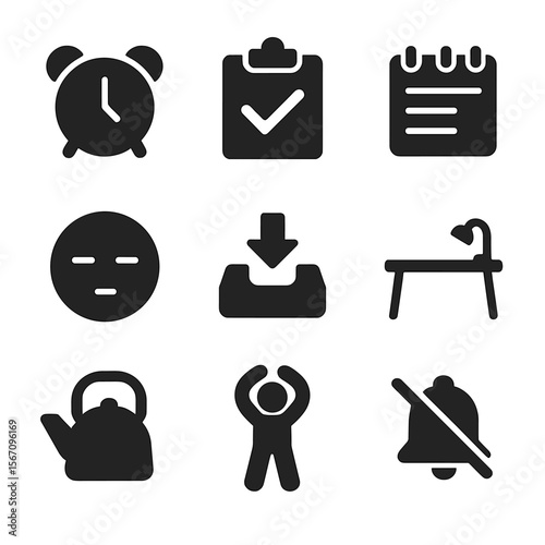 Productivity Icon Set. Solid, filled icon set of productivity rituals: alarm clock, checkmark board, notepad, focused face, inbox