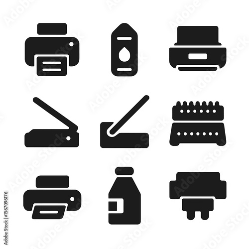 Printing Tools Icons. Solid, filled icon set of printing tools: printer, ink cartridge, paper tray, scanner, cutting machine,