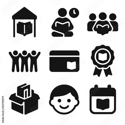 Literacy Event Icons. Solid, filled icons set of literacy events and community outreach: book fair,