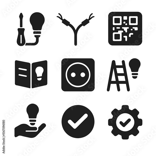 Lighting Tools Icons. Solid, filled icons set of lighting installation tools: screwdriver with bulb, wiring