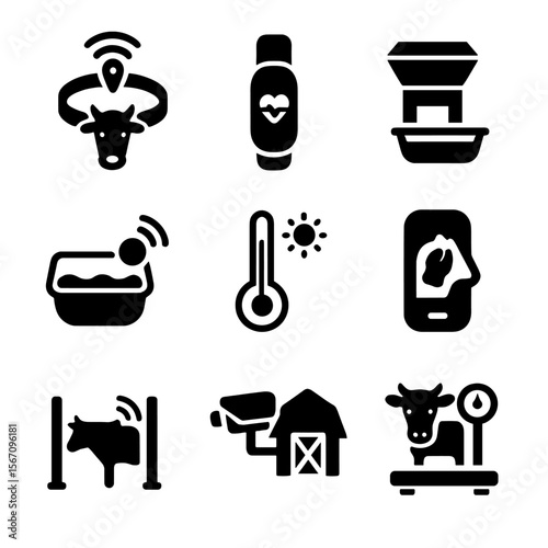 Livestock Monitoring Icons. Solid, filled icons set of livestock monitoring systems: GPS collar, health sensor
