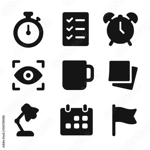 Productivity Icon Set. Solid, filled icon set of productivity and focus: stopwatch, checklist, alarm clock, focus eye, coffee mug,