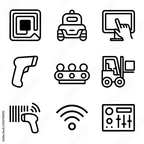 Warehouse Icons Grid. Solid, filled icon set of warehouse technology and automation: RFID tag, warehouse robot, touchscreen