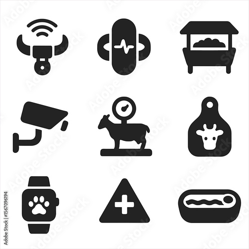 Livestock Monitoring Icons. Solid, filled icons set of livestock monitoring solutions: GPS collar, health