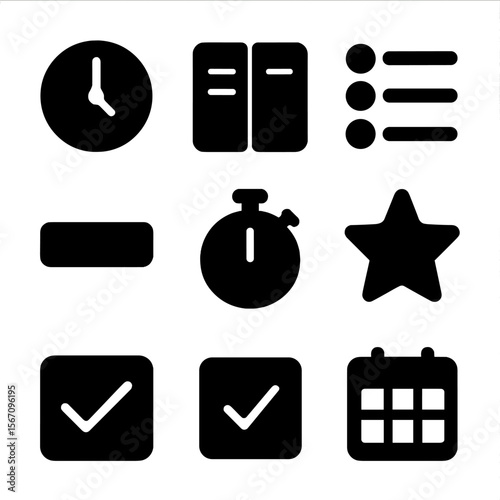 Productivity Icon Set. Solid, filled icon set of productivity tracking: time tracker, daily planner, task list, progress bar,