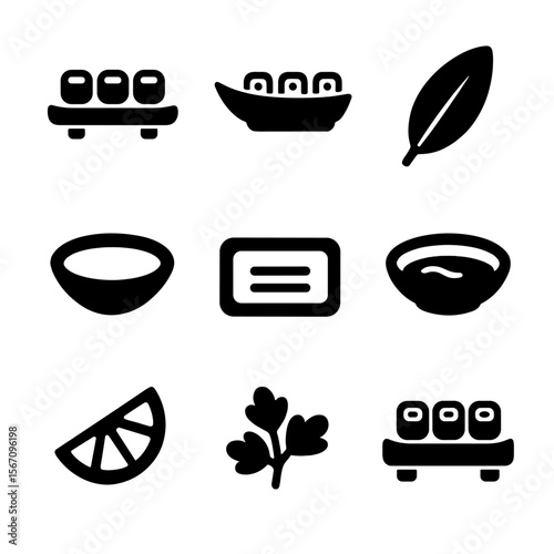 Sushi Icon Set. Solid, filled icon set of sushi presentation: sushi platter, sushi boat, bamboo leaf, dipping sauce dish,