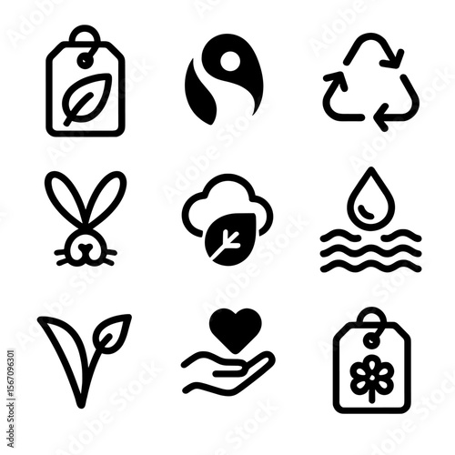 Sustainable Fashion Icons. Solid, filled icon set of sustainable fashion certifications: organic label, fair trade, recycled