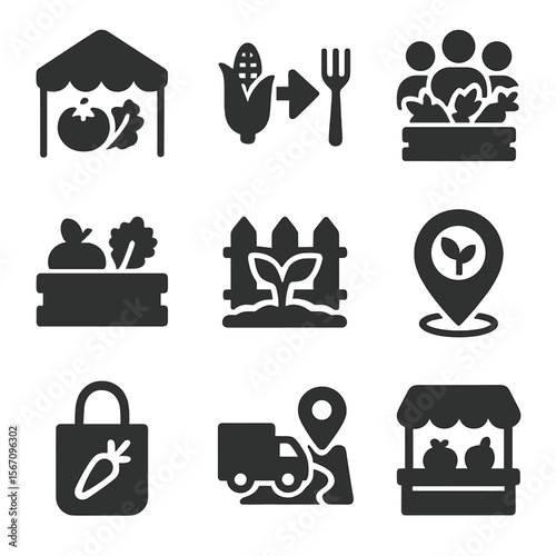 Local Food Icons. Solid, filled icons set of local food systems: farmers market tent, farm-to-table arrow,