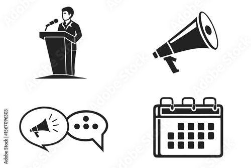 Black Icon Set for Conferences Keynote Events Presentations and Business Meetings