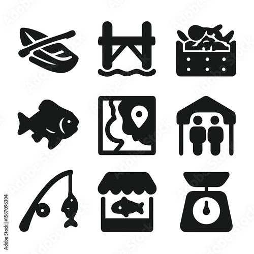 Local Fishery Icons. Solid, filled icons set of small-scale local fisheries: rowboat, dock icon, harbor fish