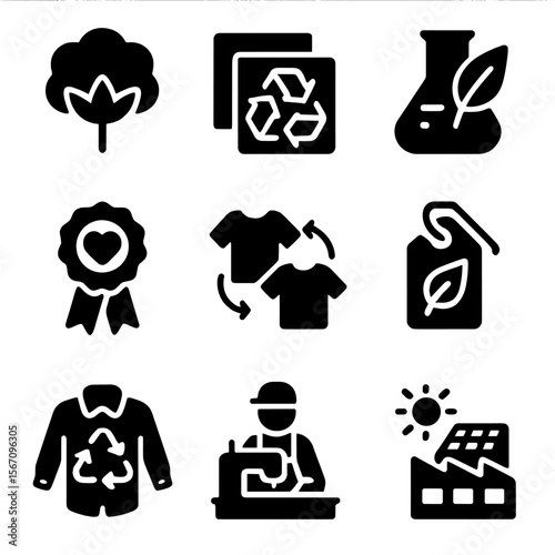 Sustainable Fashion Icons. Solid, filled icon set of Sustainable fashion: organic cotton, recycled fabric, eco-friendly dye, fair