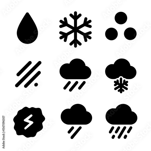 Weather Icons Grid. Solid, filled icon set of precipitation forms: rain drop, snowflake, hail stone, sleet, drizzle, freezing rain