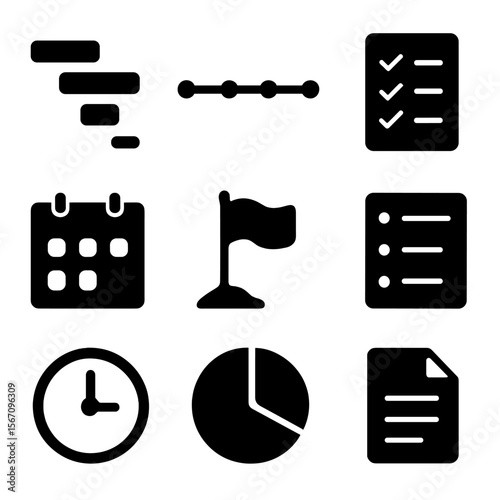 Project Icons Grid. Solid, filled icon set of project planning: gantt chart, timeline, checklist, calendar, milestone flag, task