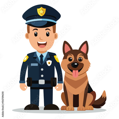 Cartoon Police Officer and German Shepherd Dog Illustration Standing Together