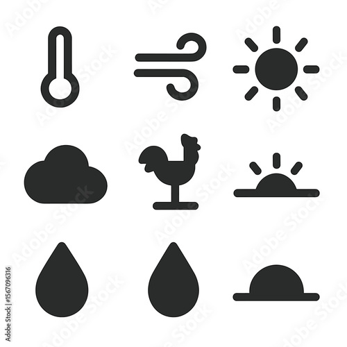 Weather Icon Grid. Solid, filled icon set of weather symbols: thermometer, breeze swirl, UV index, sun rays, light cloud, weather