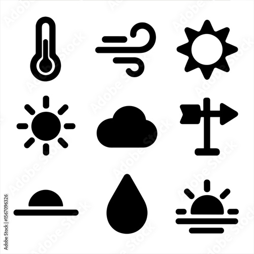 Weather Icon Grid. Solid, filled icon set of weather symbols: thermometer, breeze swirl, UV index, sun rays, light cloud, weather