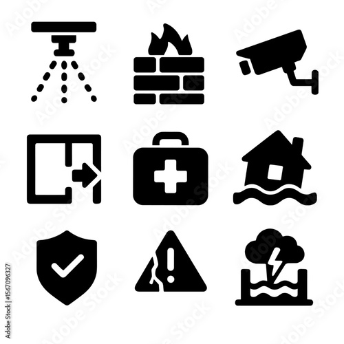Loss Prevention Icons. Solid, filled icons set of loss prevention and mitigation: sprinkler icon, firewall,