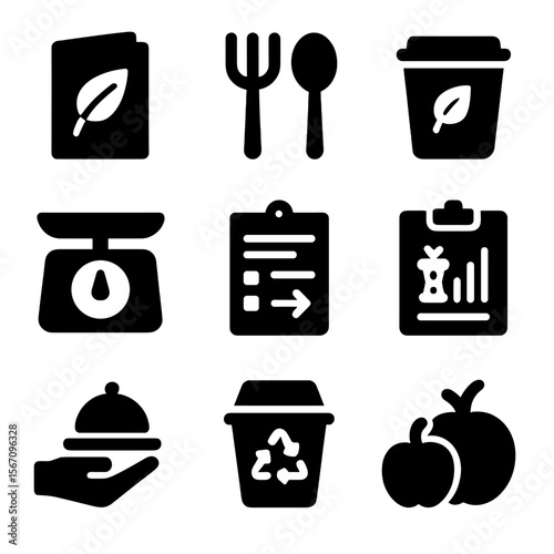 Sustainable Food Icons. Solid, filled icon set of restaurant food sustainability: menu leaf icon, reusable cutlery, compost bin,