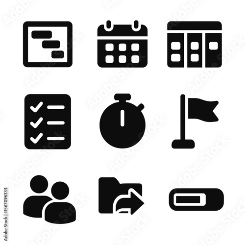 Project Management Icons. Solid, filled icon set of project management tech: gantt chart, calendar, task board, checklist, timer,