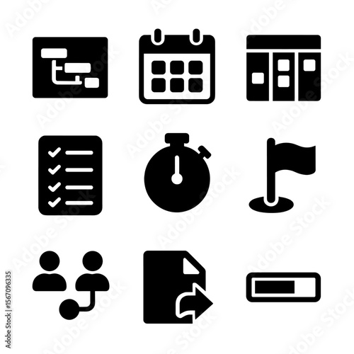 Project Management Icons. Solid, filled icon set of project management tech: gantt chart, calendar, task board, checklist, timer,