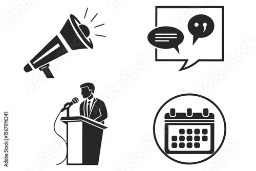 Black Silhouette Icon Set for Conferences Keynotes and Business Events