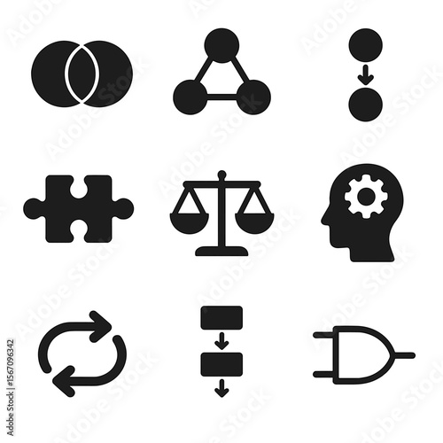 Logical Reasoning Icons Grid. Solid, filled icons set of logical reasoning tools: Venn diagram, syllogism icon