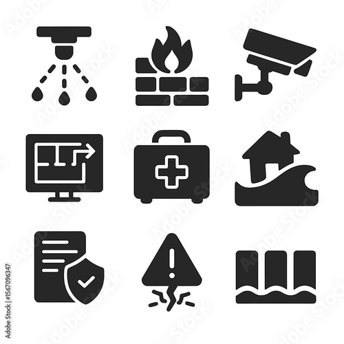 Loss Prevention Icons. Solid, filled icons set of loss prevention and mitigation: sprinkler icon, firewall,