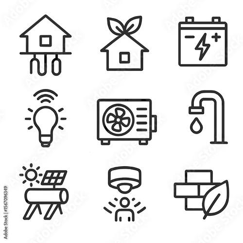 Sustainable Home Icons. Solid, filled icon set of sustainable home technologies: geothermal heating, green roof, energy storage