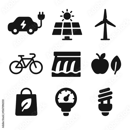 Sustainable Icons Grid. Solid, filled icon set of sustainable alternatives: electric car charging, solar farm, windmill, bike,