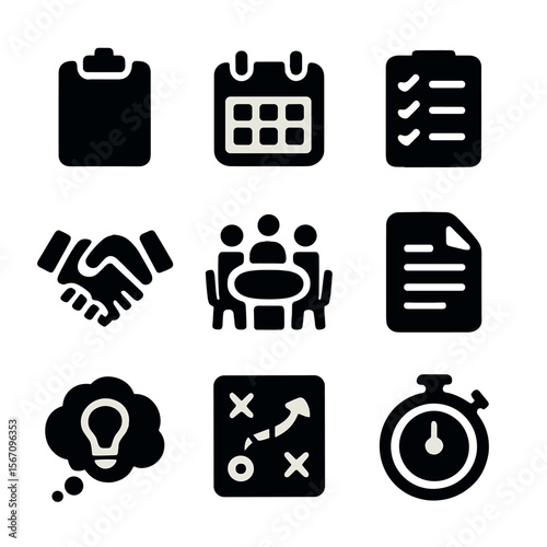 Project Initiation Icons. Solid, filled icon set of project initiation: clipboard, calendar, checklist, stopwatch, handshake,