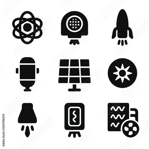 Propulsion Icon Grid. Solid, filled icon set of propulsion and power systems: fusion reactor, ion engine, rocket booster, fuel
